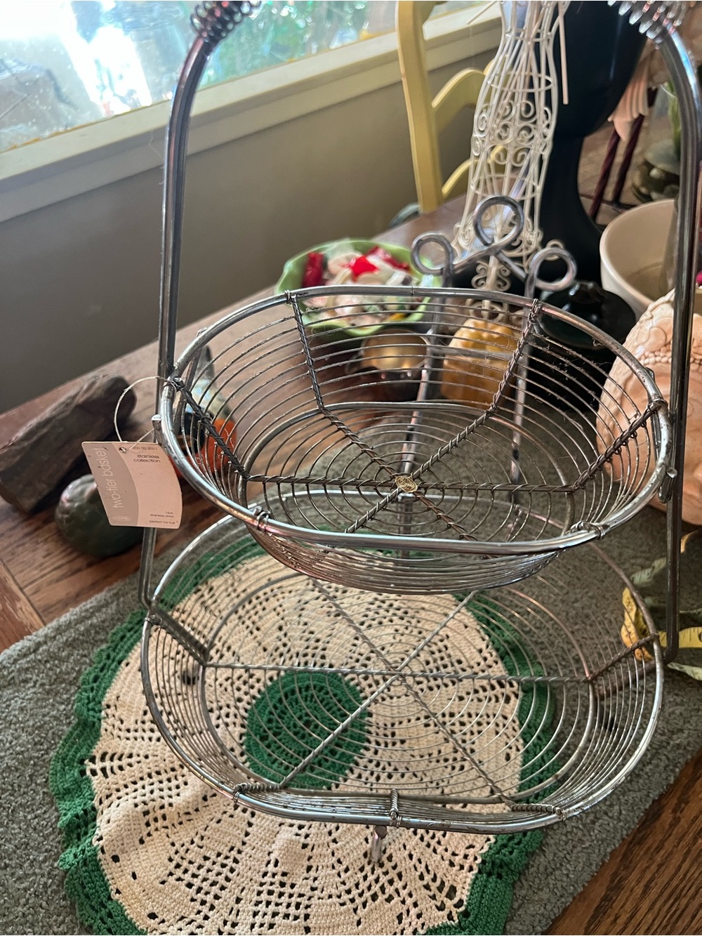 NOS Two-Tier Wire Basket Stand Stainless Steel Farmhouse Holiday